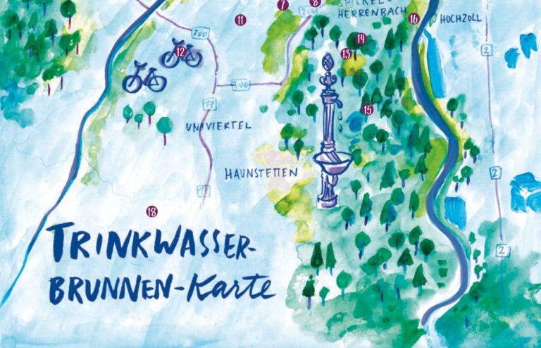 Ausschnitt einer illustrierten Überblickskarte für Trinkwasserbrunnen in Augsburg